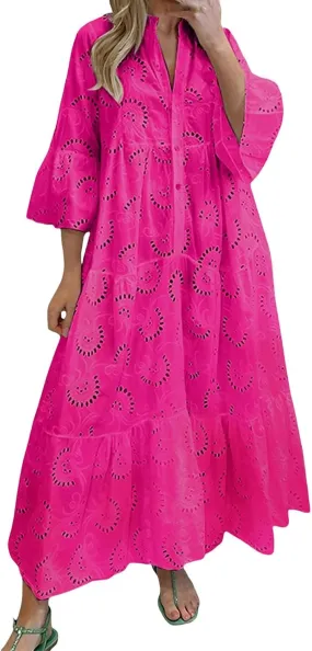 Women Eyelet Dress Boho Elegant Lace Hollow Summer V Neck Bell Sleeve Ruffle Casual Flowy Long Maxi Dresses