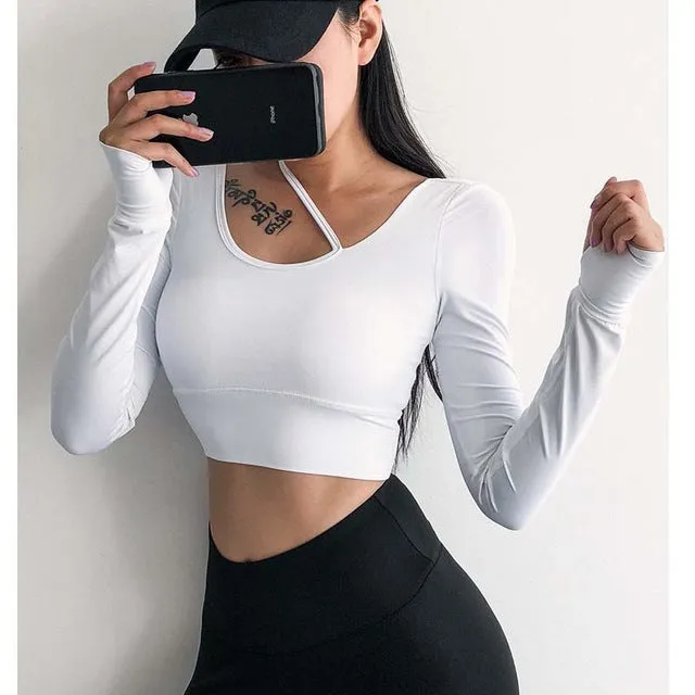 Women long sleeve Midriff  Sexy Sports T-shirt running clothing fitness shirt  training yoga Top  pad  gym top workout