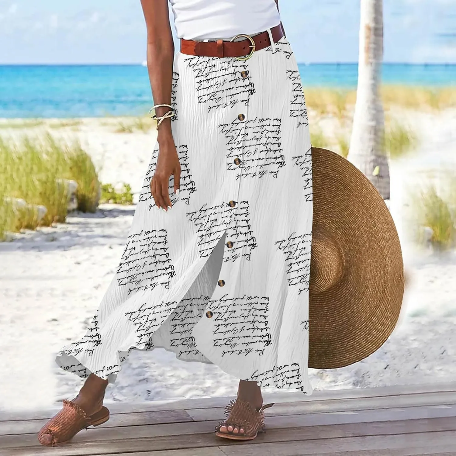 Womens Button Front Maxi Skirt Mid Waist Boho A-Line Summer Cotton Pleated Slit Flowy Swing Long Skirt