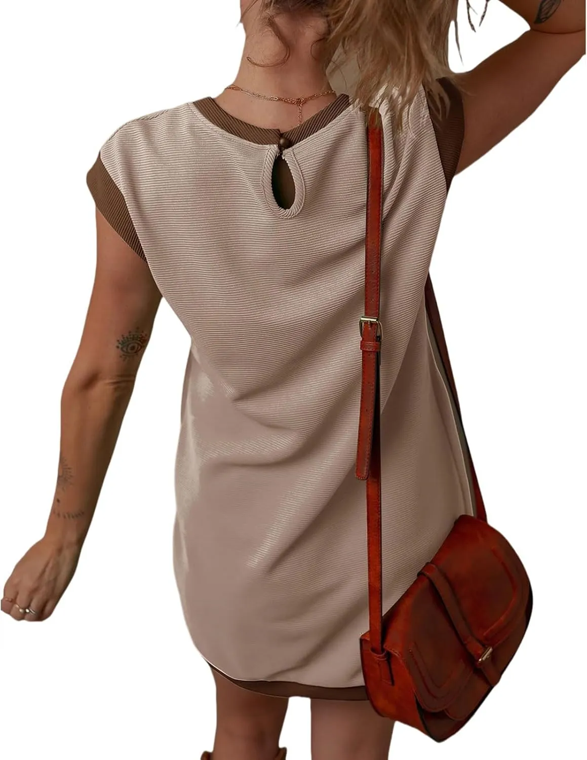 Women's Casual Summer Dress Contrast Color Elegant Short Sleeve Knit Crewneck Mini Dress with Pocket