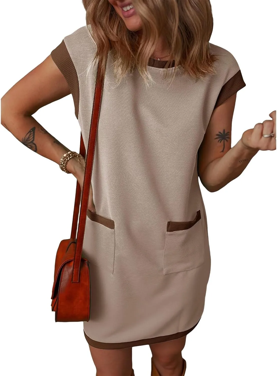 Women's Casual Summer Dress Contrast Color Elegant Short Sleeve Knit Crewneck Mini Dress with Pocket