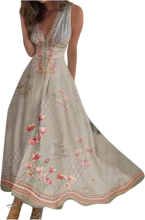 Womens Dresses Flowy Ruched Floral Print Sundresses Wrap V Neck Sleeveless Maxi Dress Elegant Beach Dresses
