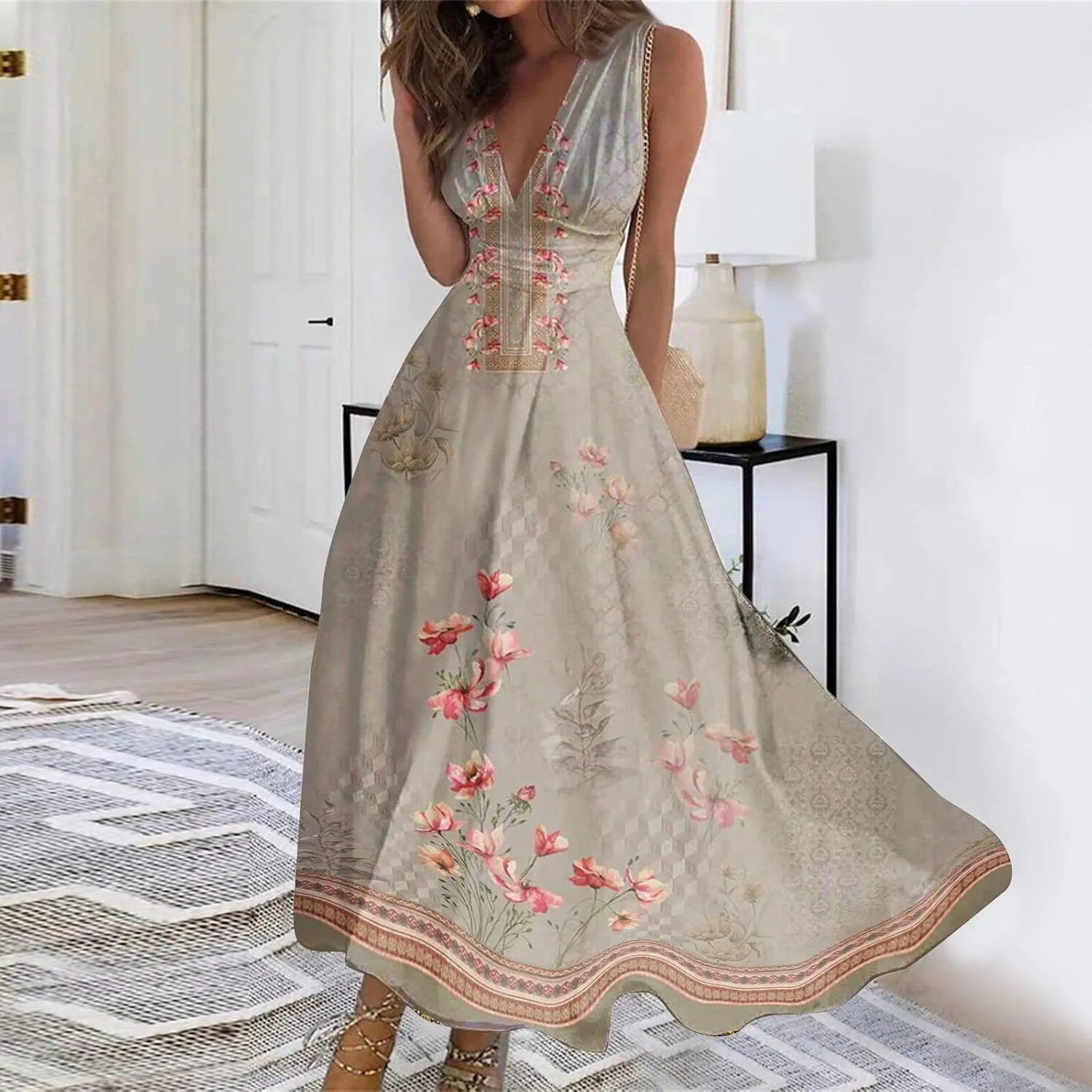 Womens Dresses Flowy Ruched Floral Print Sundresses Wrap V Neck Sleeveless Maxi Dress Elegant Beach Dresses