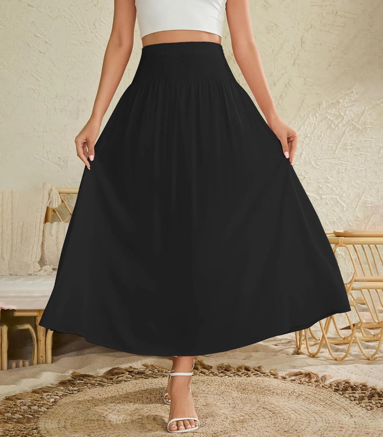 Women's Elastic High Waisted Midi Skirts with Pockets Trendy A-Line Flowy Swing Basic Skirt