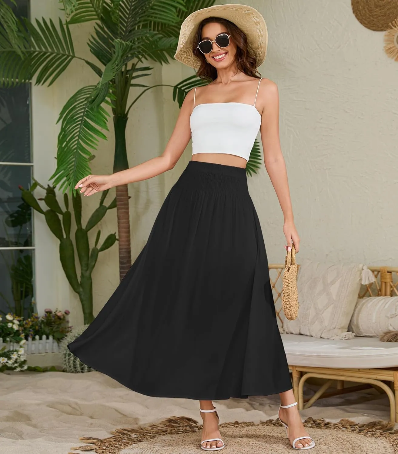 Women's Elastic High Waisted Midi Skirts with Pockets Trendy A-Line Flowy Swing Basic Skirt