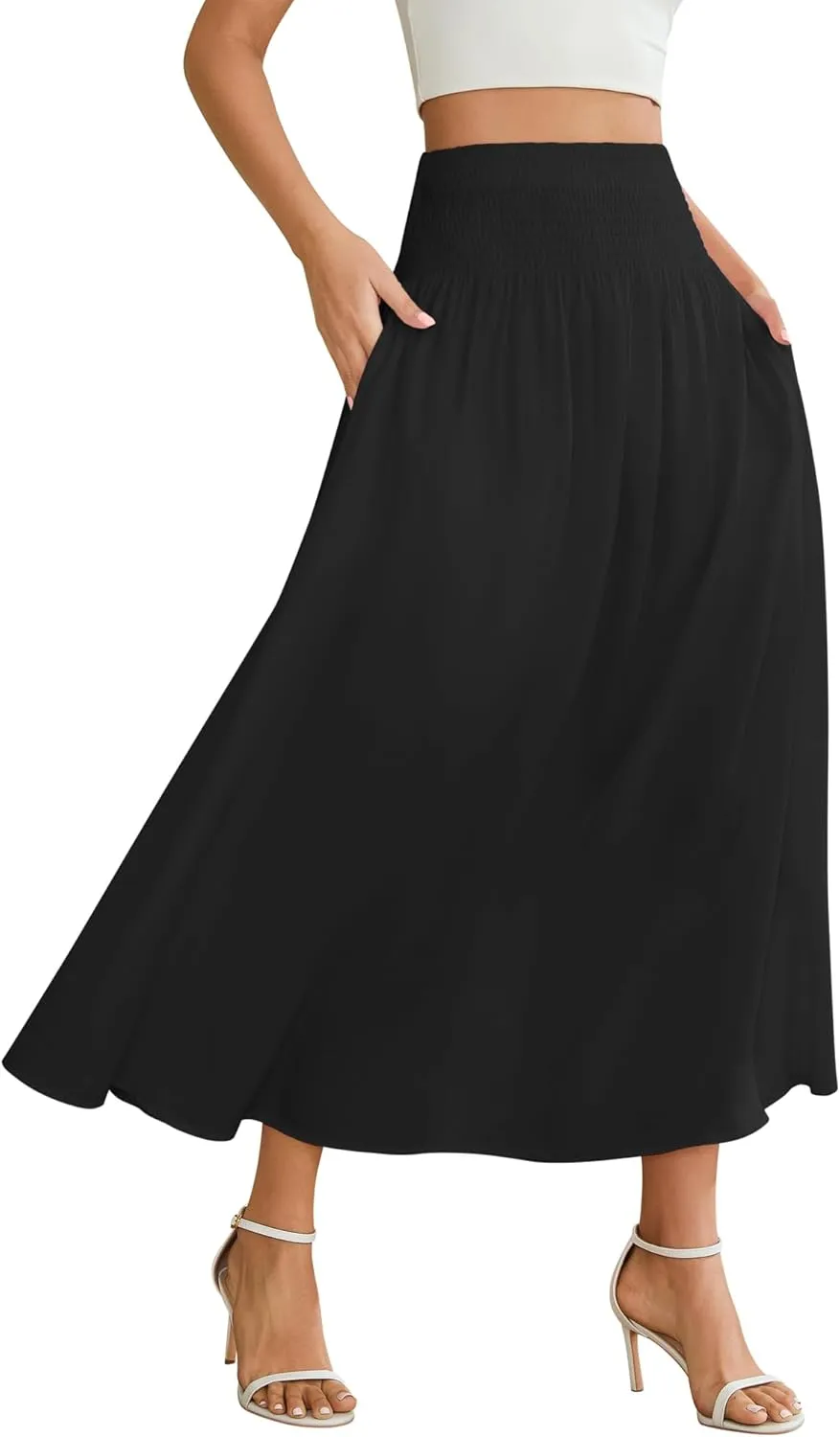 Women's Elastic High Waisted Midi Skirts with Pockets Trendy A-Line Flowy Swing Basic Skirt