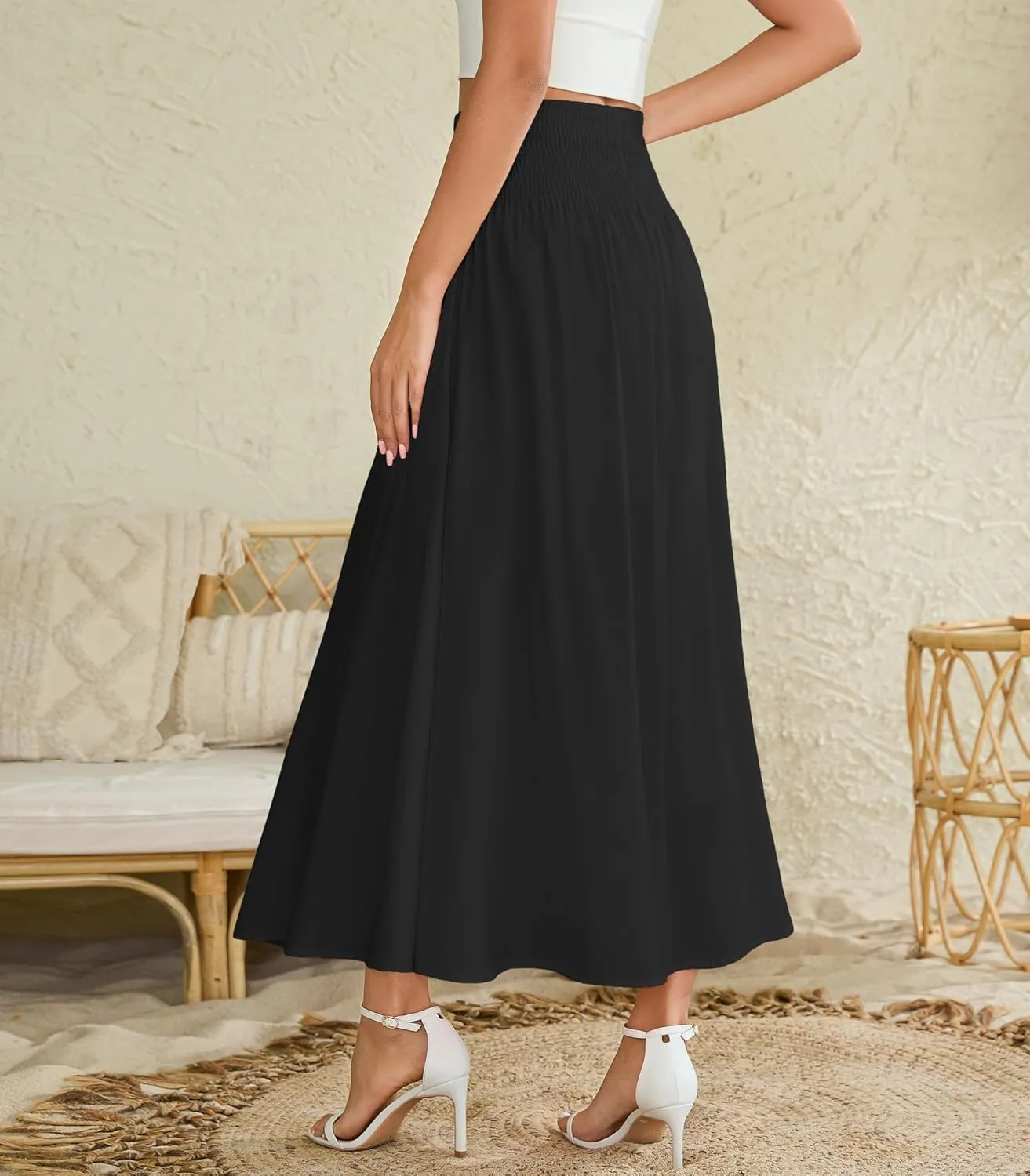 Women's Elastic High Waisted Midi Skirts with Pockets Trendy A-Line Flowy Swing Basic Skirt