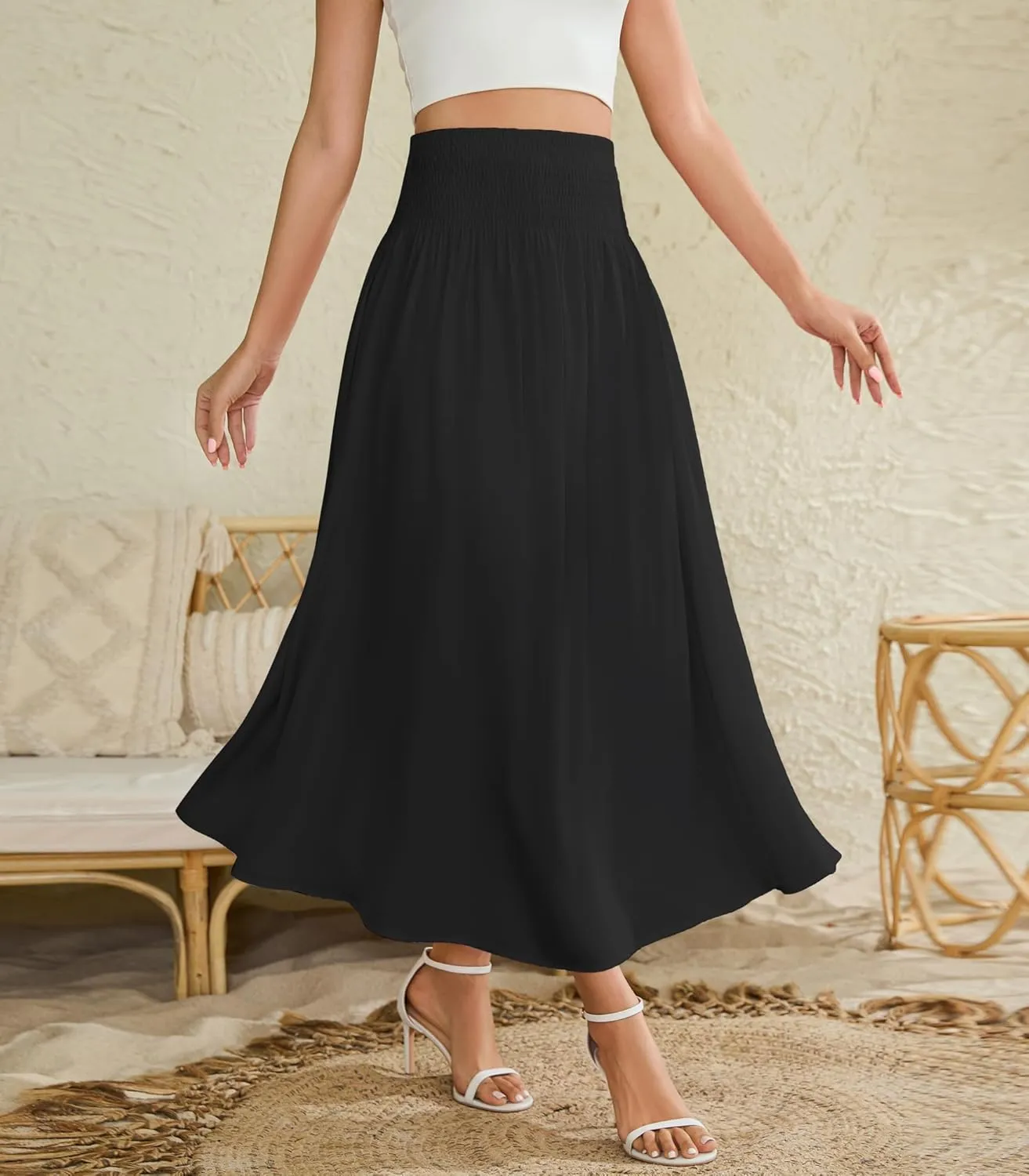 Women's Elastic High Waisted Midi Skirts with Pockets Trendy A-Line Flowy Swing Basic Skirt