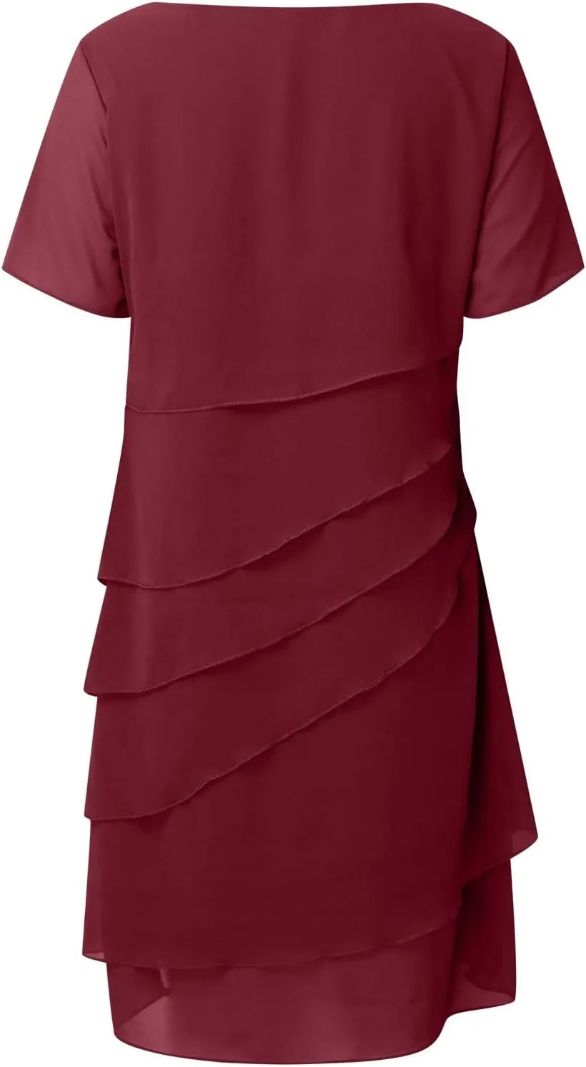 Womens Flowy Chiffon Tiered Midi Dress Summer Elegant Short Sleeve Layered Cocktail Dresses Flutter Elegant Dresses