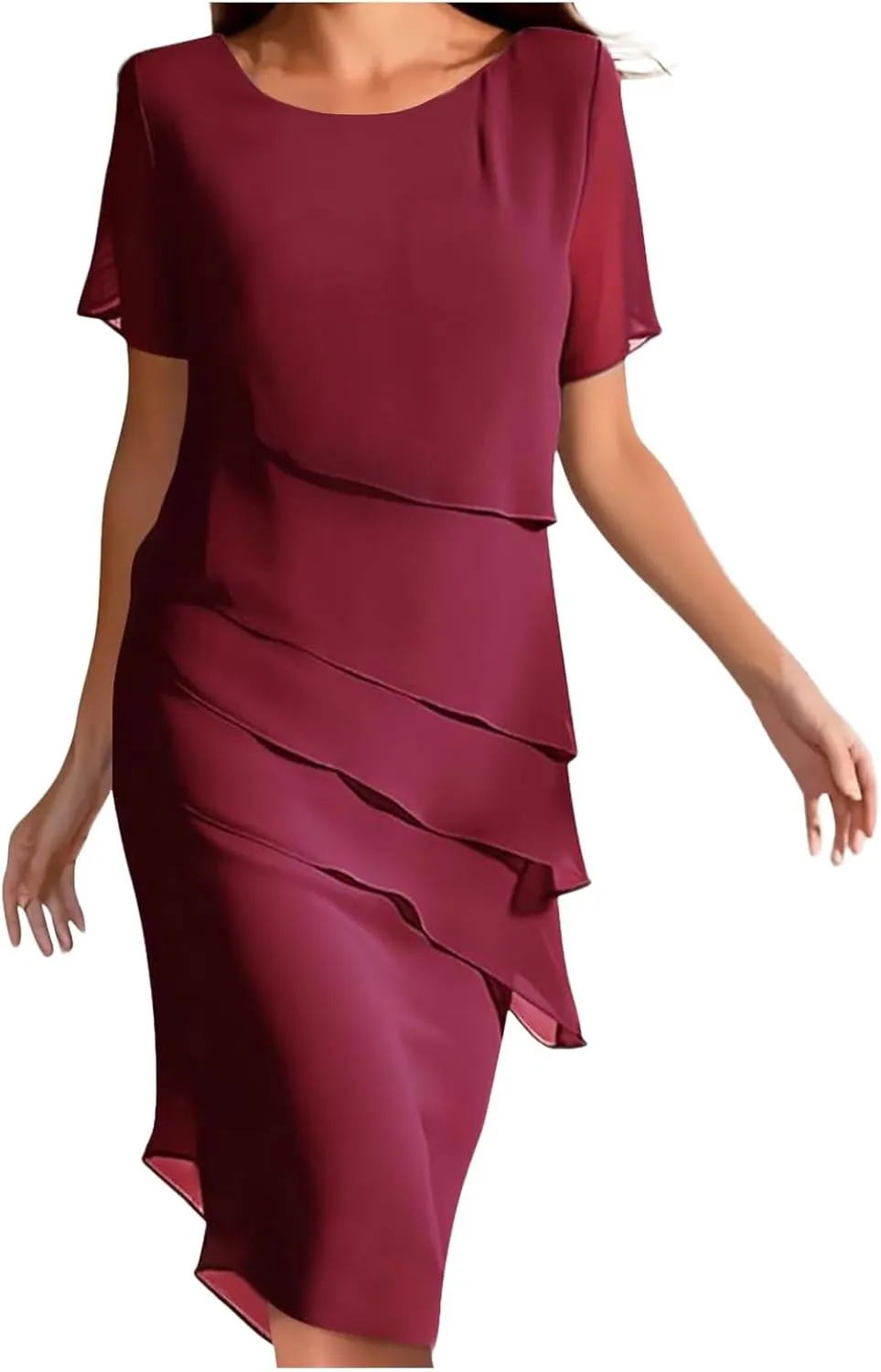 Womens Flowy Chiffon Tiered Midi Dress Summer Elegant Short Sleeve Layered Cocktail Dresses Flutter Elegant Dresses