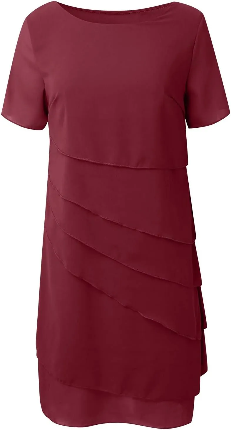 Womens Flowy Chiffon Tiered Midi Dress Summer Elegant Short Sleeve Layered Cocktail Dresses Flutter Elegant Dresses