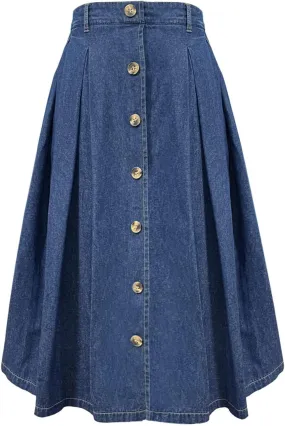 Women’s High Waist Casual Pleated A-line Midi Skirt Elastic Waist with Pocket for Women