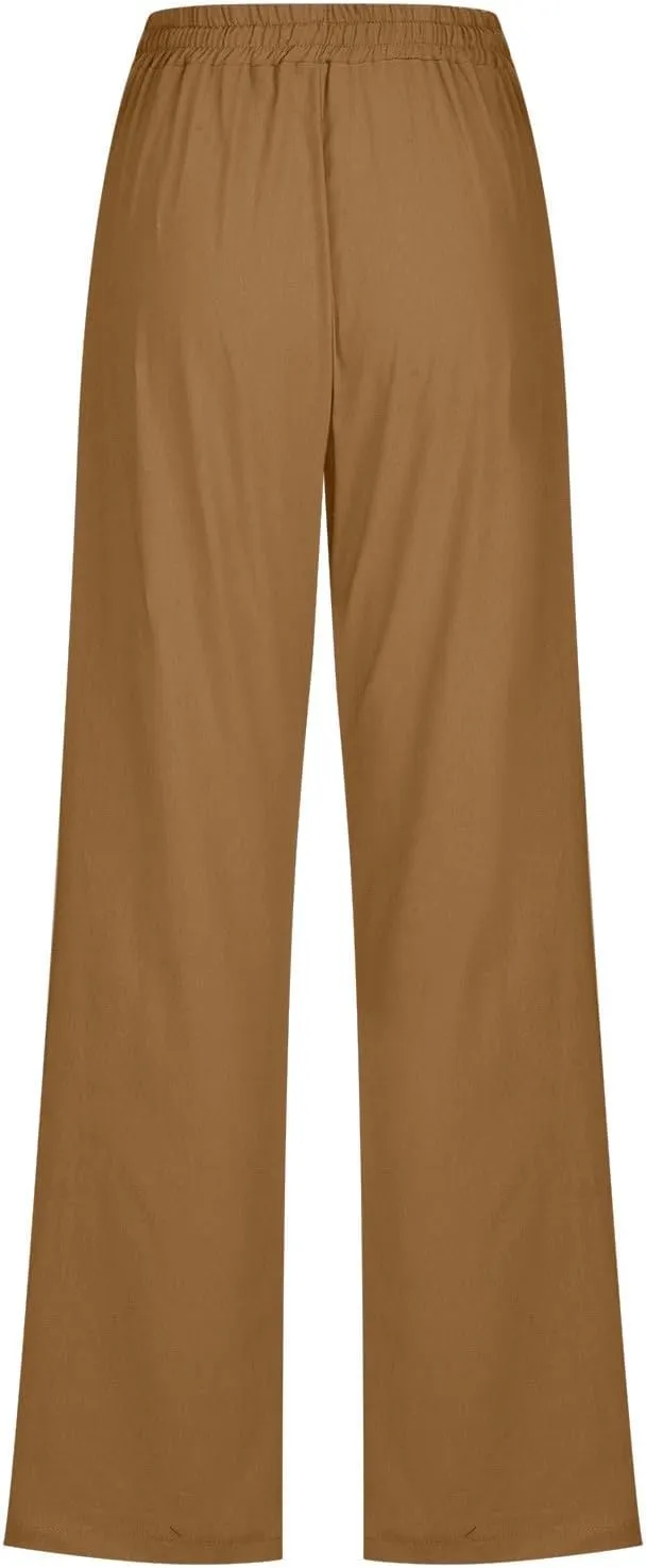 Women's Linen Pants Drawstring Lightweight Beach Pants Summer Soft High Waisted Straight Leg Casual Trousers Pockets
