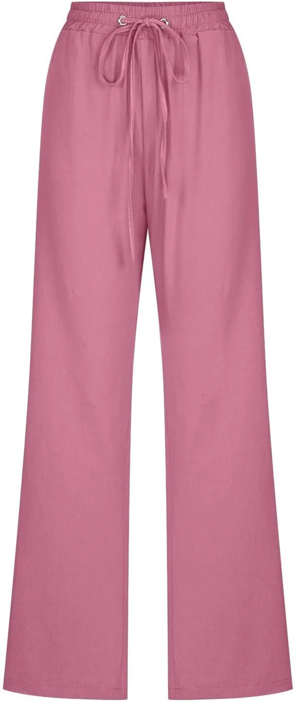 Women's Linen Pants Drawstring Lightweight Beach Pants Summer Soft High Waisted Straight Leg Casual Trousers Pockets