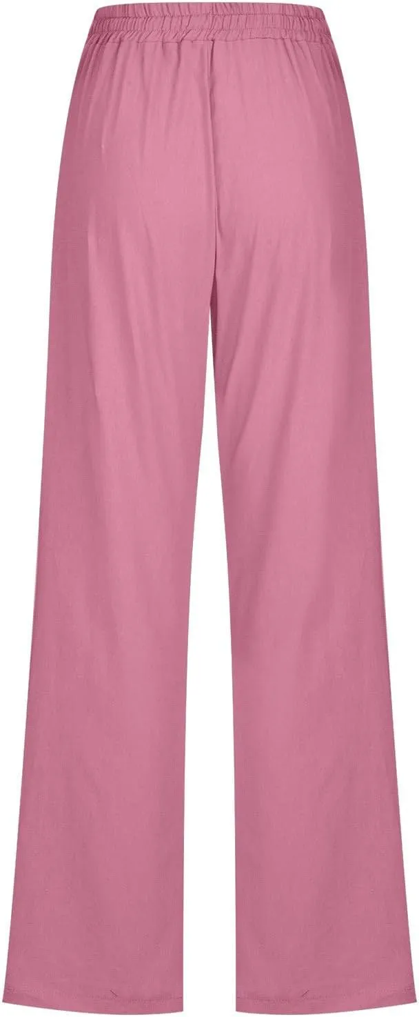 Women's Linen Pants Drawstring Lightweight Beach Pants Summer Soft High Waisted Straight Leg Casual Trousers Pockets