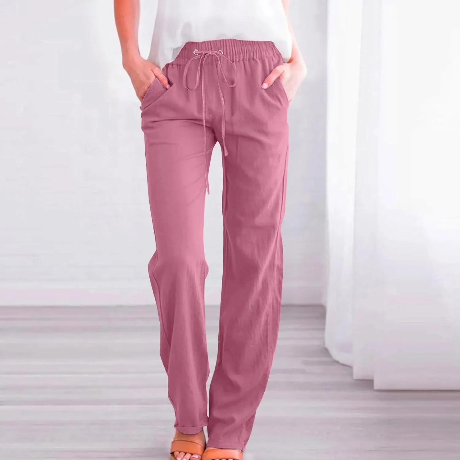 Women's Linen Pants Drawstring Lightweight Beach Pants Summer Soft High Waisted Straight Leg Casual Trousers Pockets