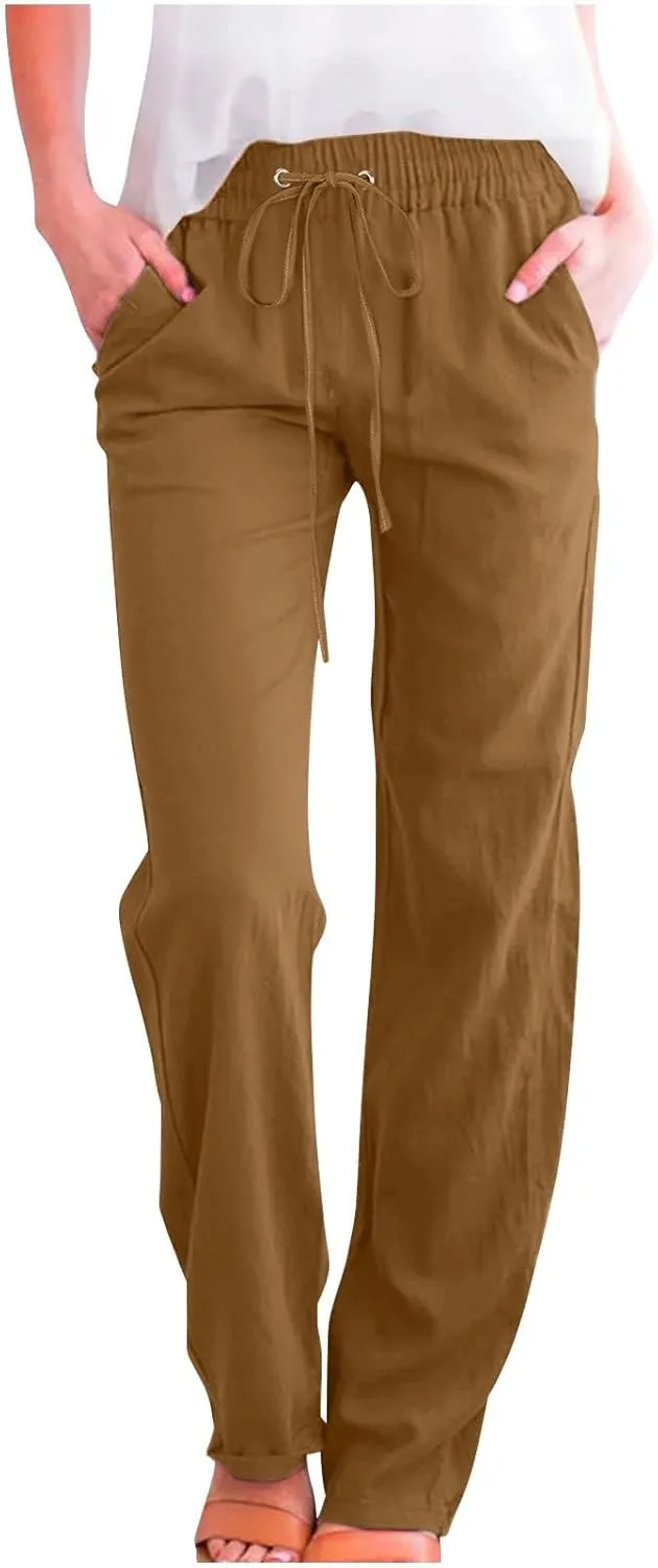 Women's Linen Pants Drawstring Lightweight Beach Pants Summer Soft High Waisted Straight Leg Casual Trousers Pockets