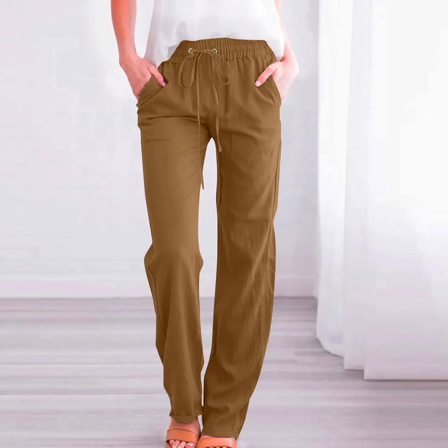 Women's Linen Pants Drawstring Lightweight Beach Pants Summer Soft High Waisted Straight Leg Casual Trousers Pockets