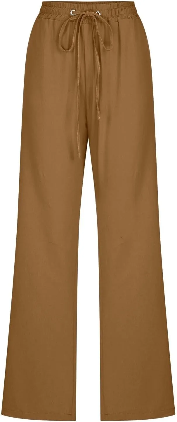 Women's Linen Pants Drawstring Lightweight Beach Pants Summer Soft High Waisted Straight Leg Casual Trousers Pockets
