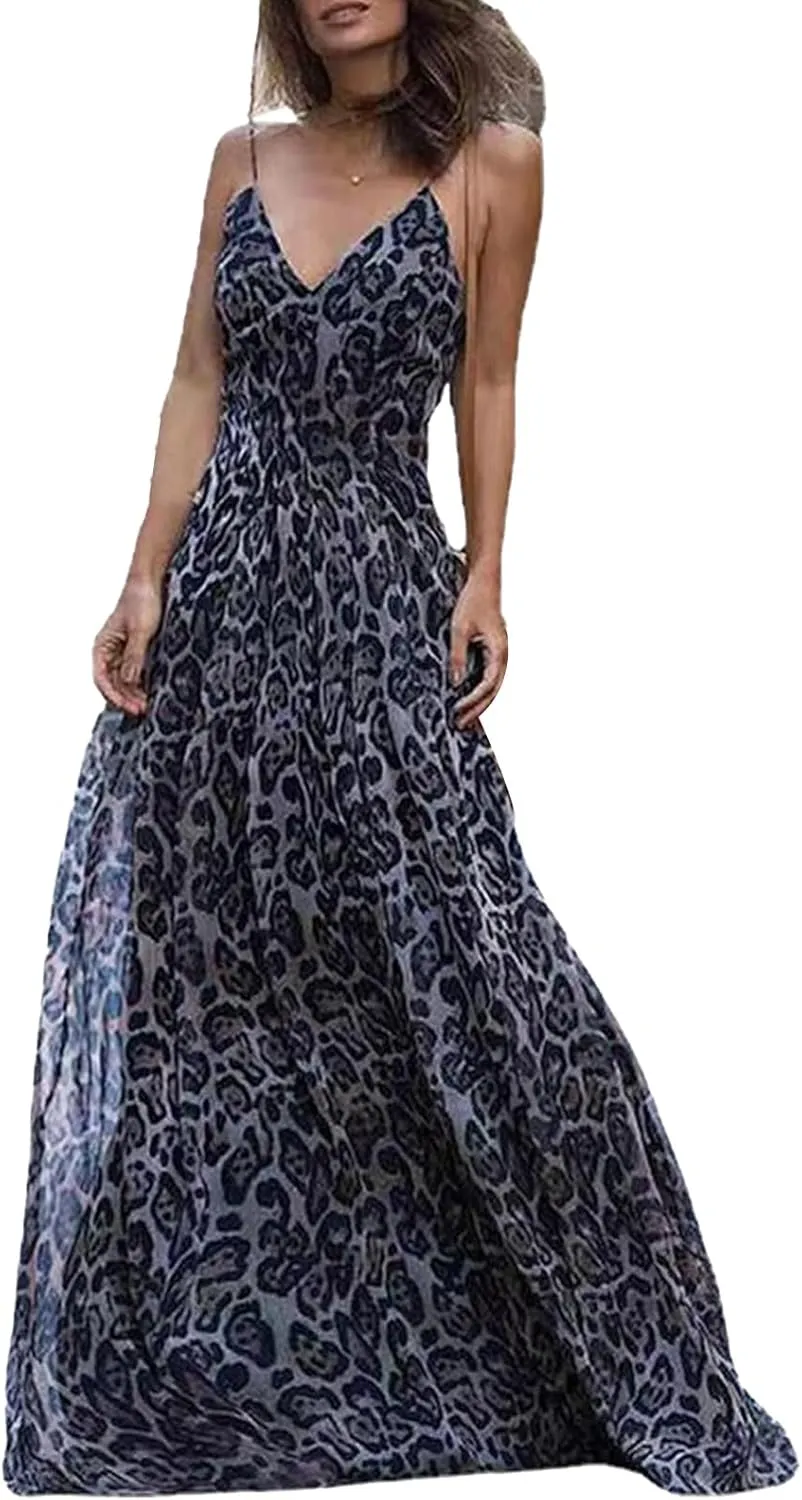 Women's Maxi Dress Spaghetti Strap Sleeveless V Neck Dress Leopard Printed Elegant Dresses Cocktail Party Dresses