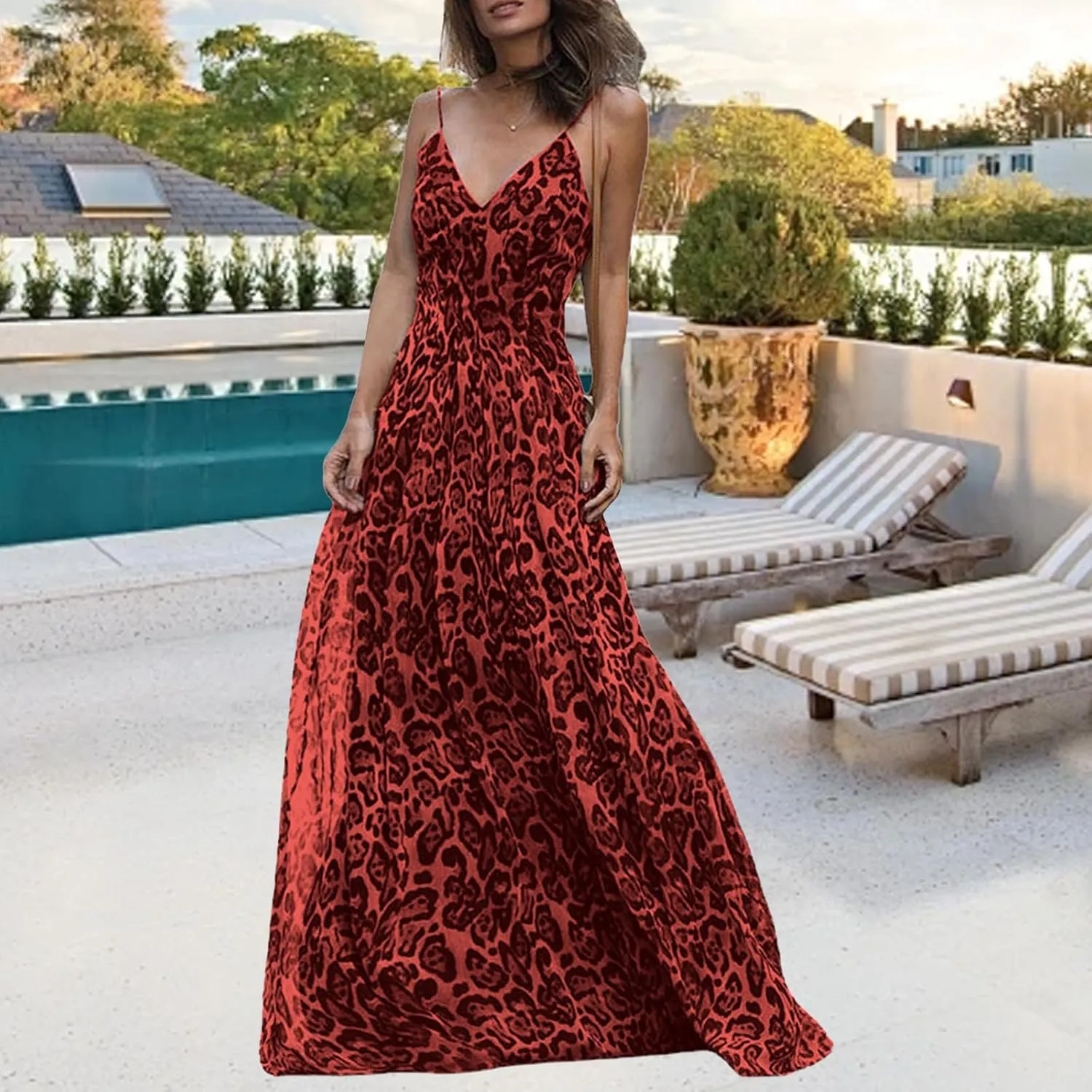 Women's Maxi Dress Spaghetti Strap Sleeveless V Neck Dress Leopard Printed Elegant Dresses Cocktail Party Dresses