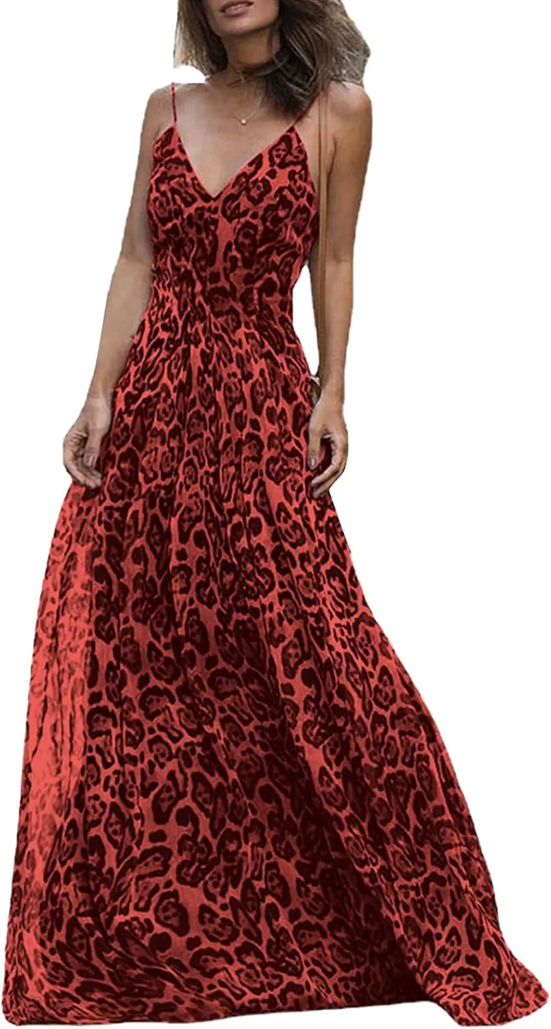 Women's Maxi Dress Spaghetti Strap Sleeveless V Neck Dress Leopard Printed Elegant Dresses Cocktail Party Dresses
