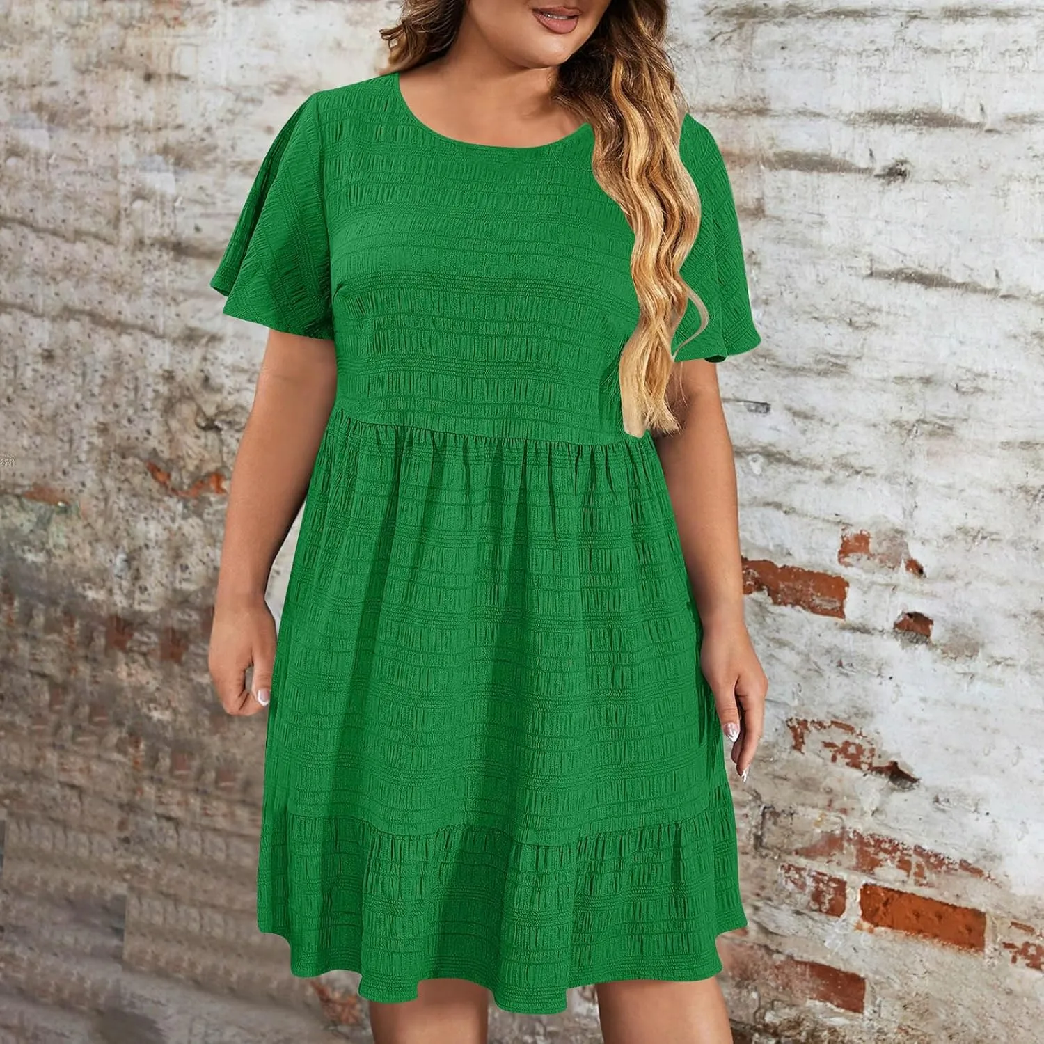 Womens Plus Size Summer Dress 2025 Short Sleeve Casual Mini Dresses Ruffles Trim Empire Waist T-Shirt Dress