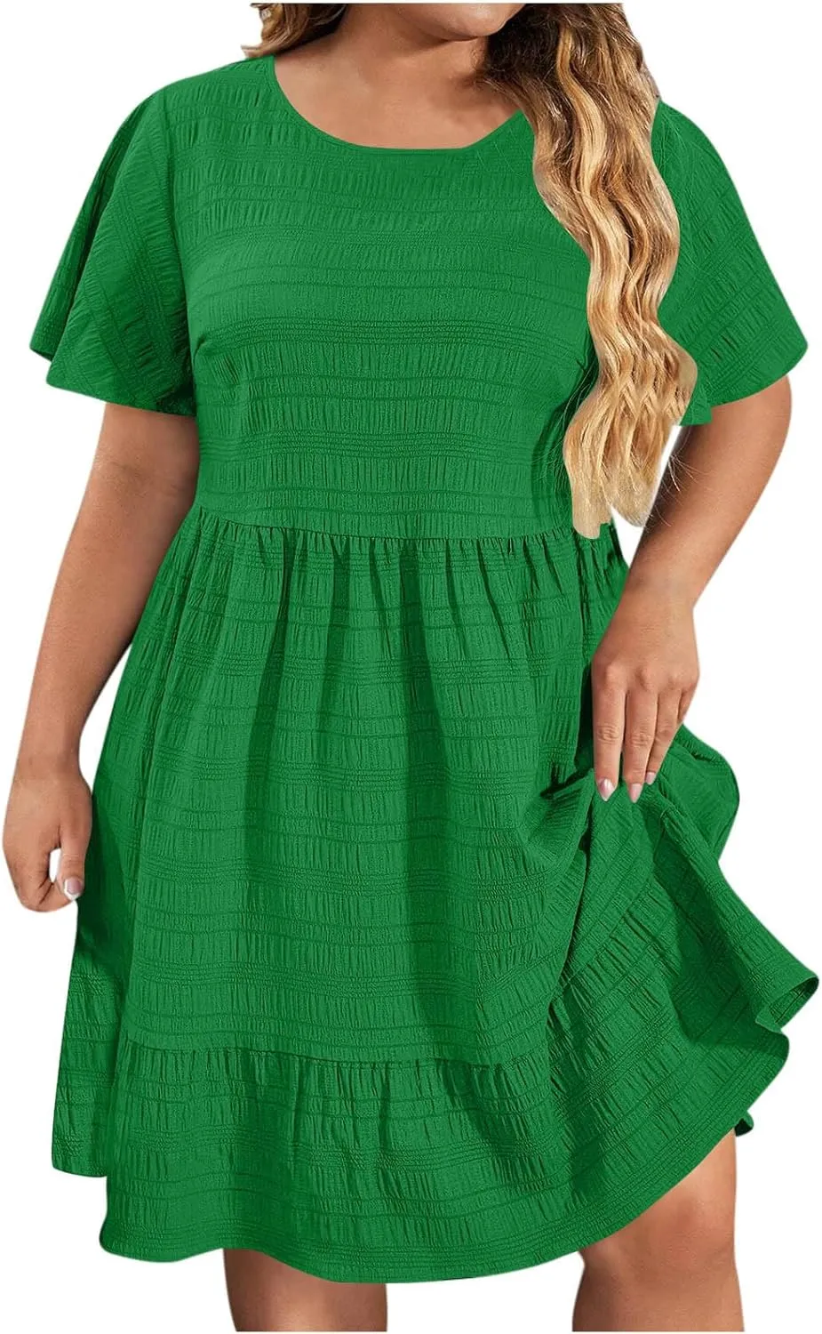 Womens Plus Size Summer Dress 2025 Short Sleeve Casual Mini Dresses Ruffles Trim Empire Waist T-Shirt Dress