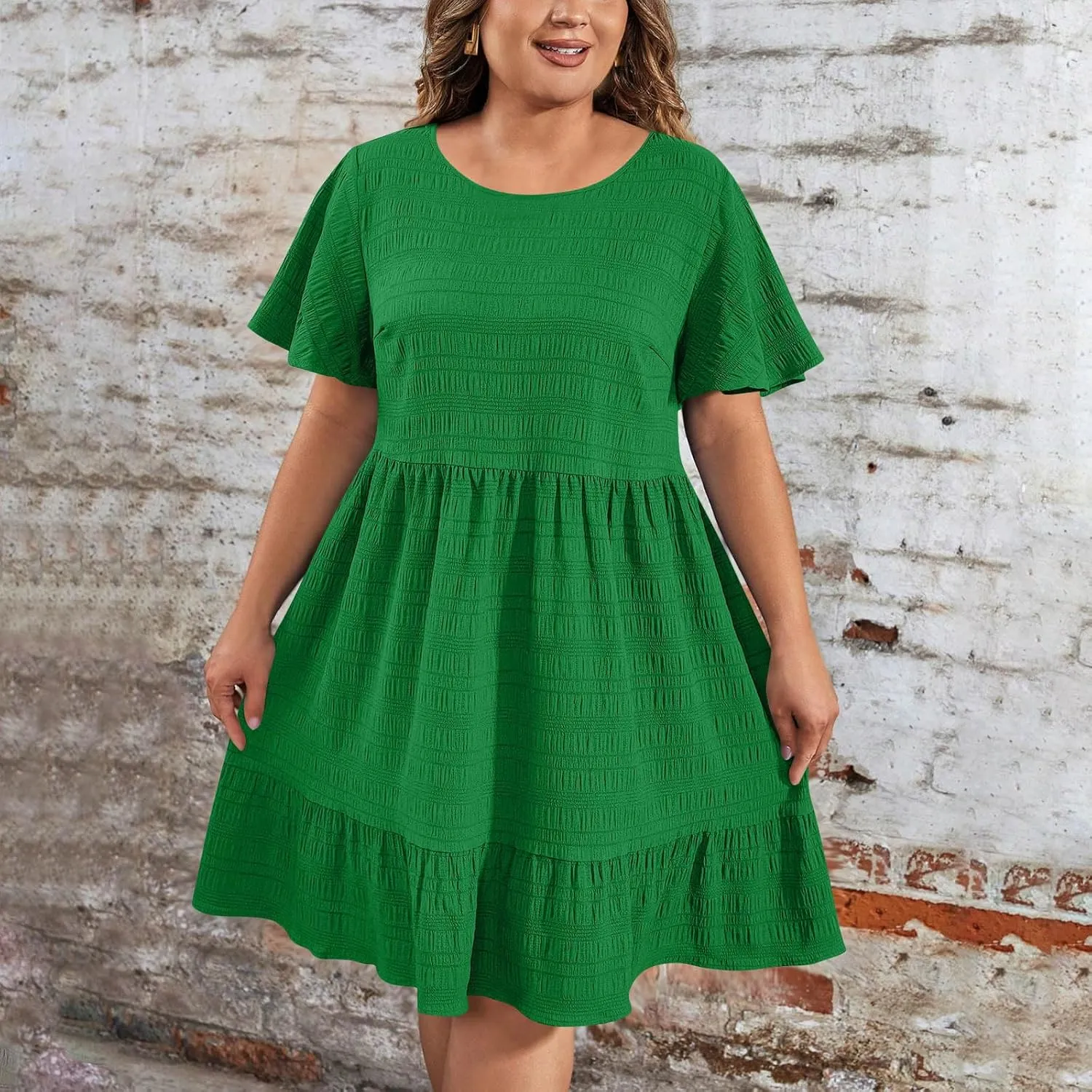 Womens Plus Size Summer Dress 2025 Short Sleeve Casual Mini Dresses Ruffles Trim Empire Waist T-Shirt Dress