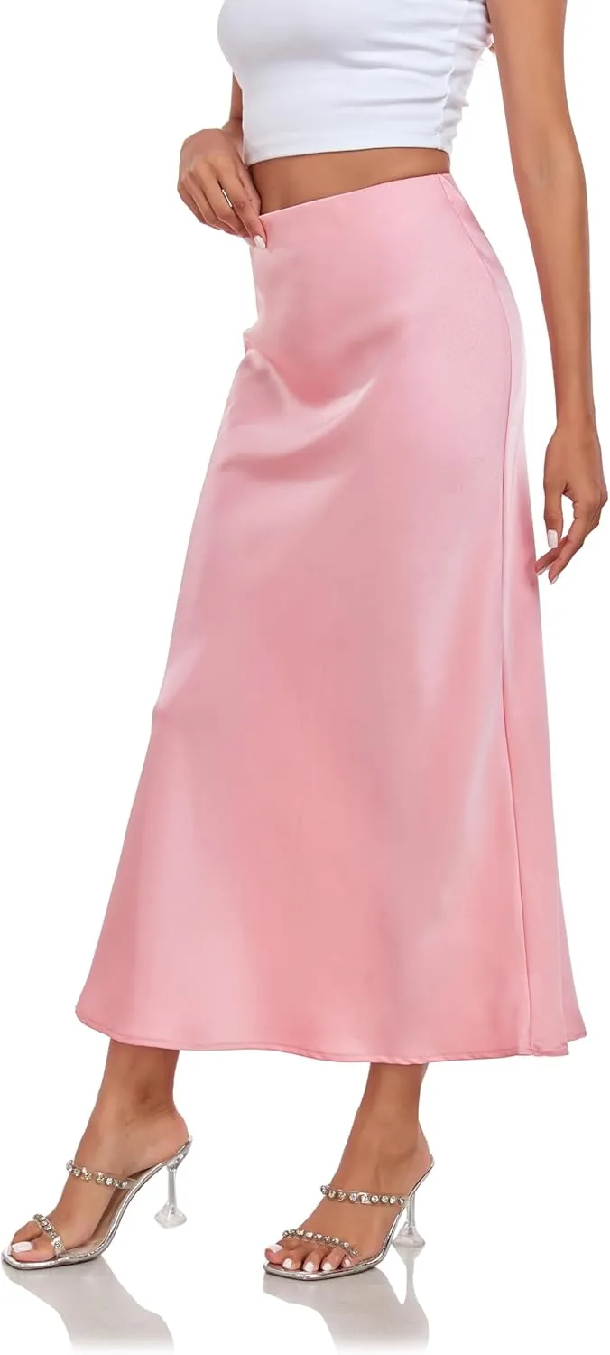 Women's Silk Satin Maxi Skirt High Waist Elastic A Line Fishtail Elegant Work Elastic Long Skirts