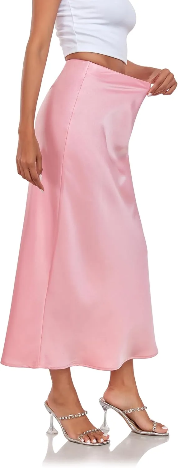 Women's Silk Satin Maxi Skirt High Waist Elastic A Line Fishtail Elegant Work Elastic Long Skirts