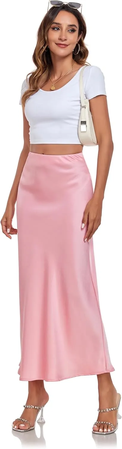 Women's Silk Satin Maxi Skirt High Waist Elastic A Line Fishtail Elegant Work Elastic Long Skirts