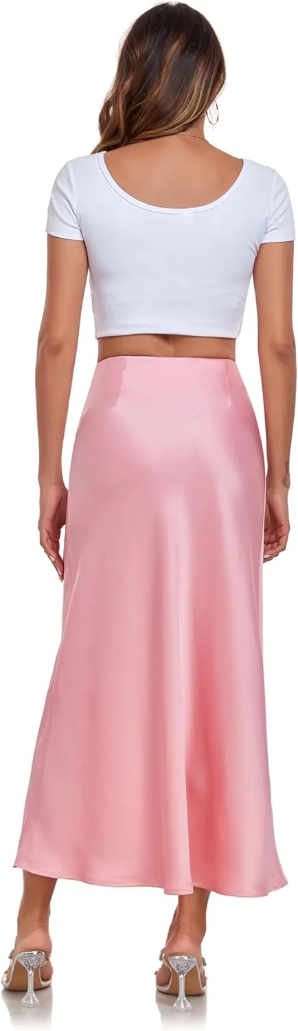 Women's Silk Satin Maxi Skirt High Waist Elastic A Line Fishtail Elegant Work Elastic Long Skirts