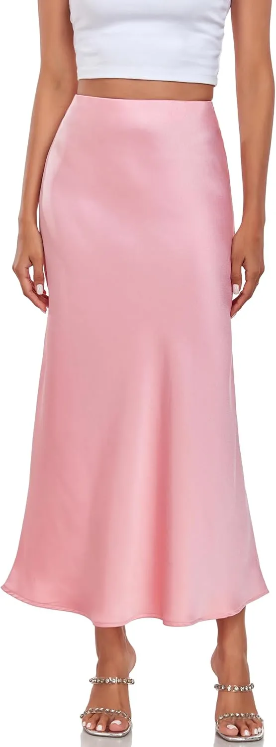 Women's Silk Satin Maxi Skirt High Waist Elastic A Line Fishtail Elegant Work Elastic Long Skirts