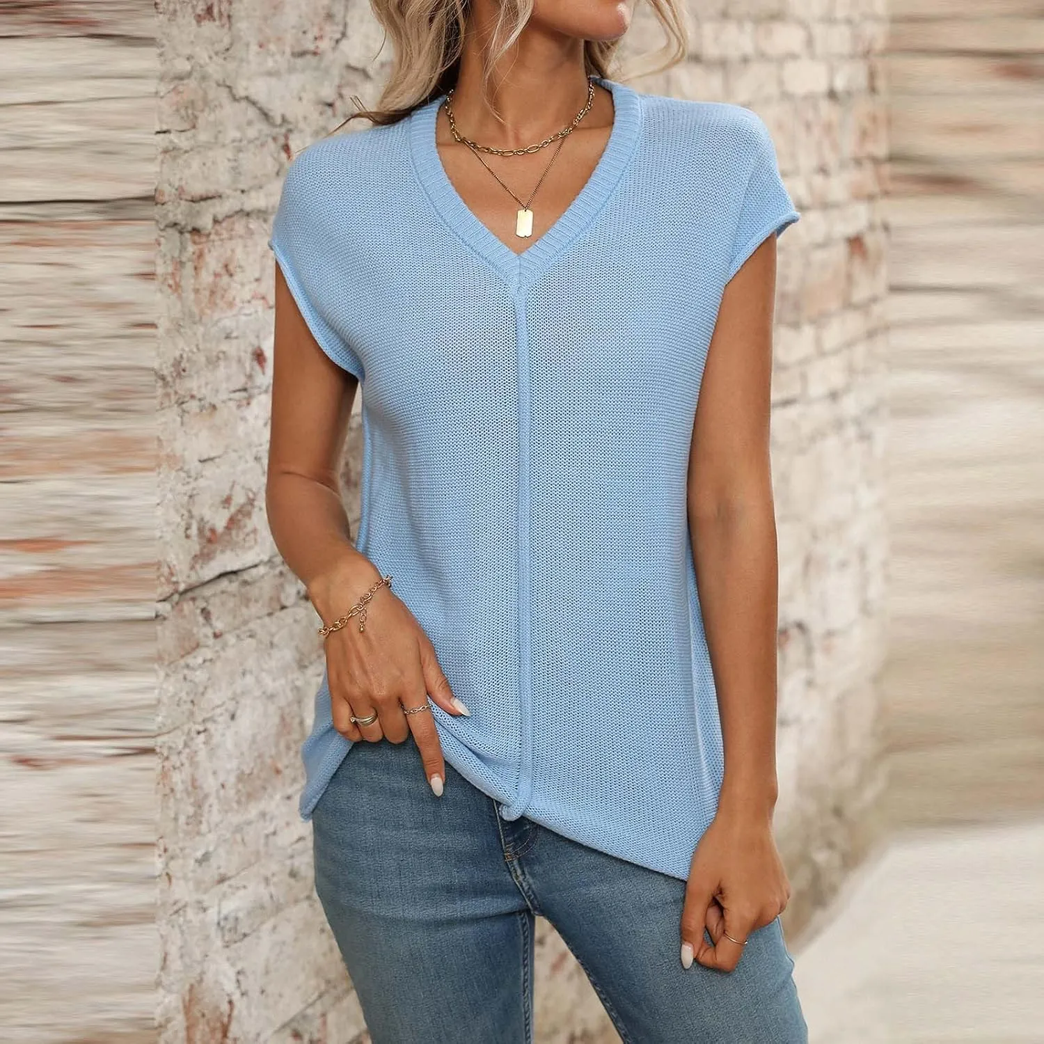 Women's Solid Color V-Neck Knit Tank Tops, Summer Loose Breathable Sleeveless Casual Shirts Lightweight Comfy Clothes