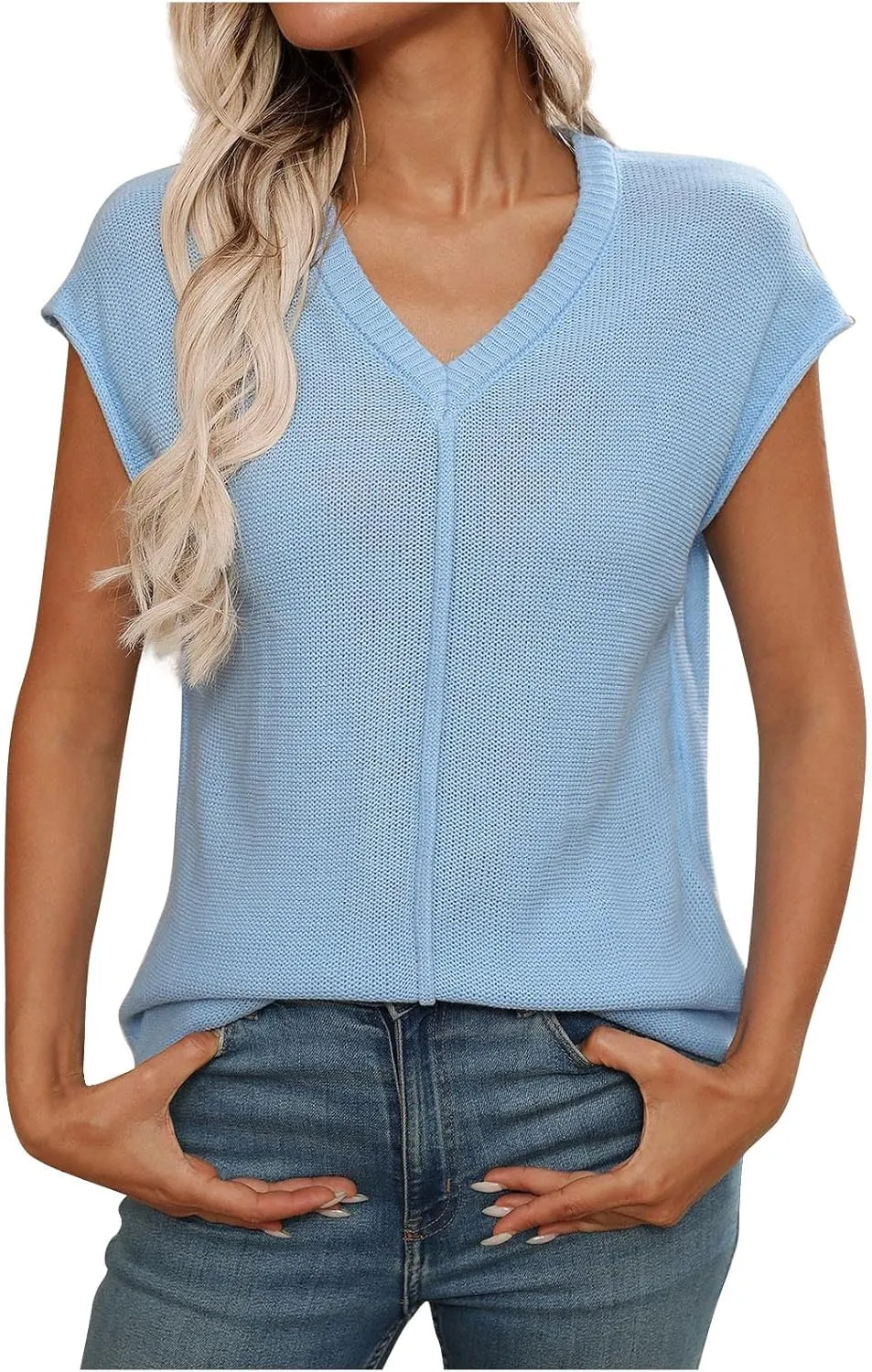 Women's Solid Color V-Neck Knit Tank Tops, Summer Loose Breathable Sleeveless Casual Shirts Lightweight Comfy Clothes