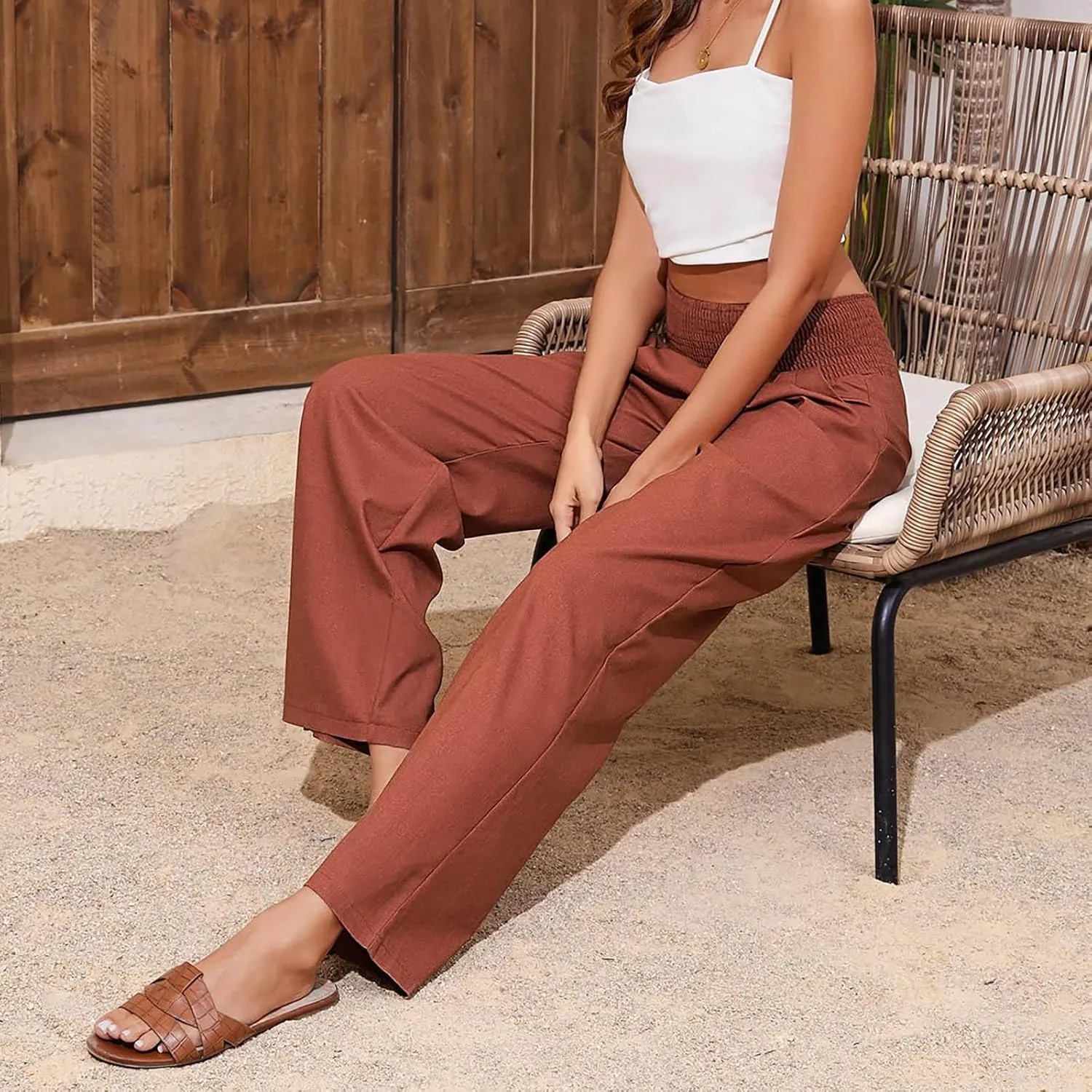 Womens Straight Loose Wide Leg Solid Color Pants, Summer Soft Elastic High Waist Classic Plus Size with Pockets