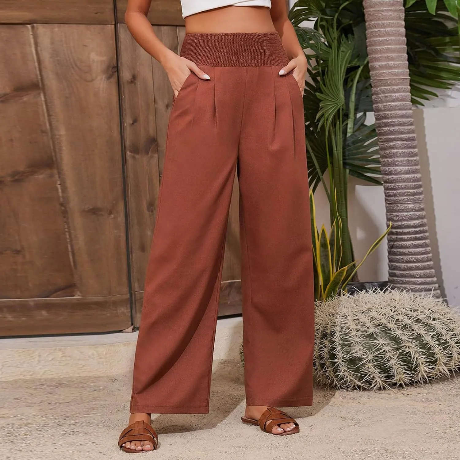 Womens Straight Loose Wide Leg Solid Color Pants, Summer Soft Elastic High Waist Classic Plus Size with Pockets
