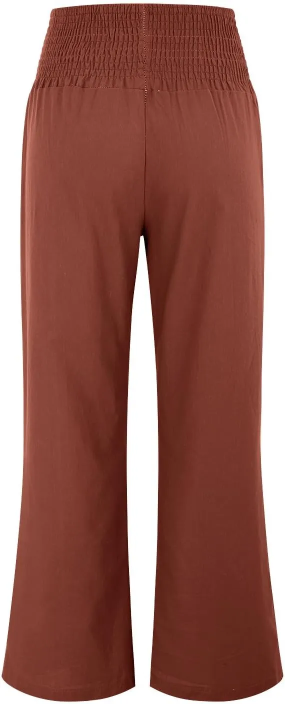 Womens Straight Loose Wide Leg Solid Color Pants, Summer Soft Elastic High Waist Classic Plus Size with Pockets