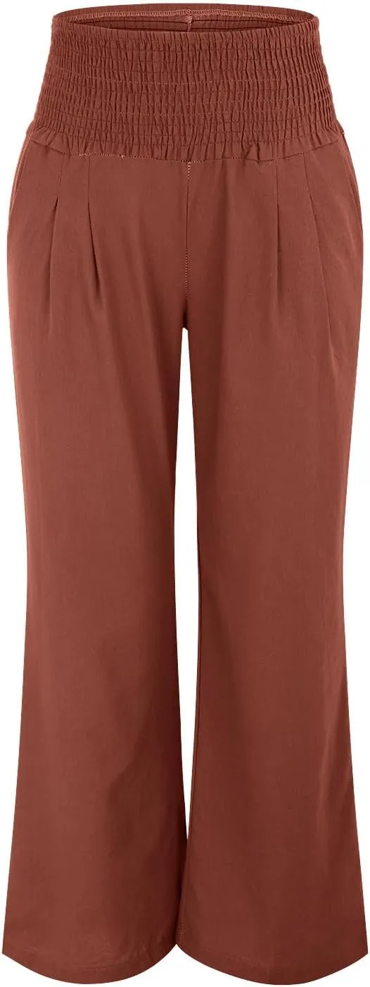 Womens Straight Loose Wide Leg Solid Color Pants, Summer Soft Elastic High Waist Classic Plus Size with Pockets