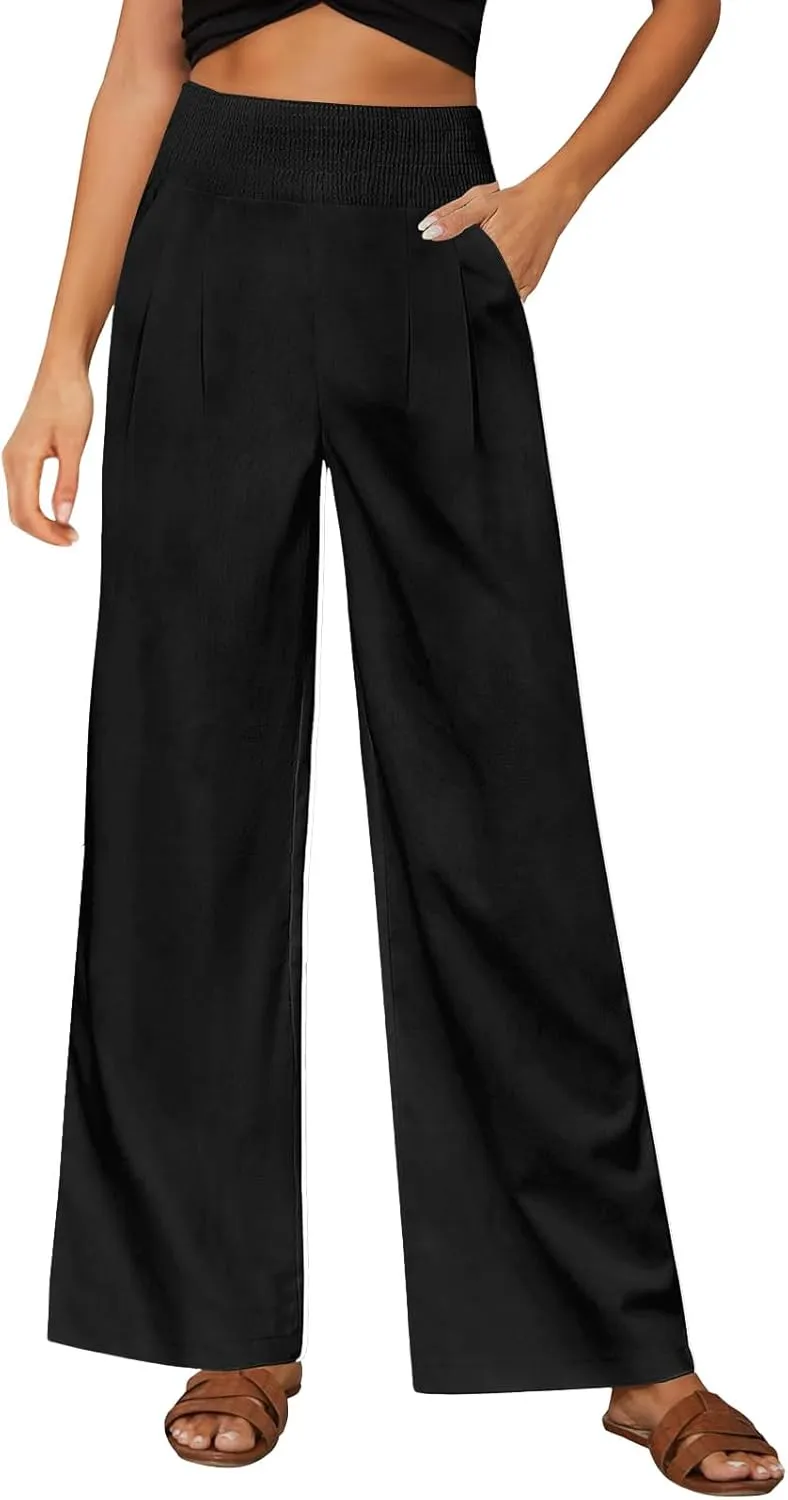 Womens Straight Loose Wide Leg Solid Color Pants, Summer Soft Elastic High Waist Classic Plus Size with Pockets