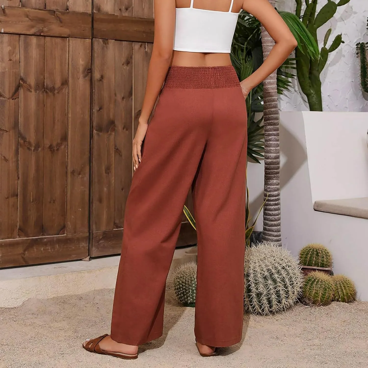 Womens Straight Loose Wide Leg Solid Color Pants, Summer Soft Elastic High Waist Classic Plus Size with Pockets