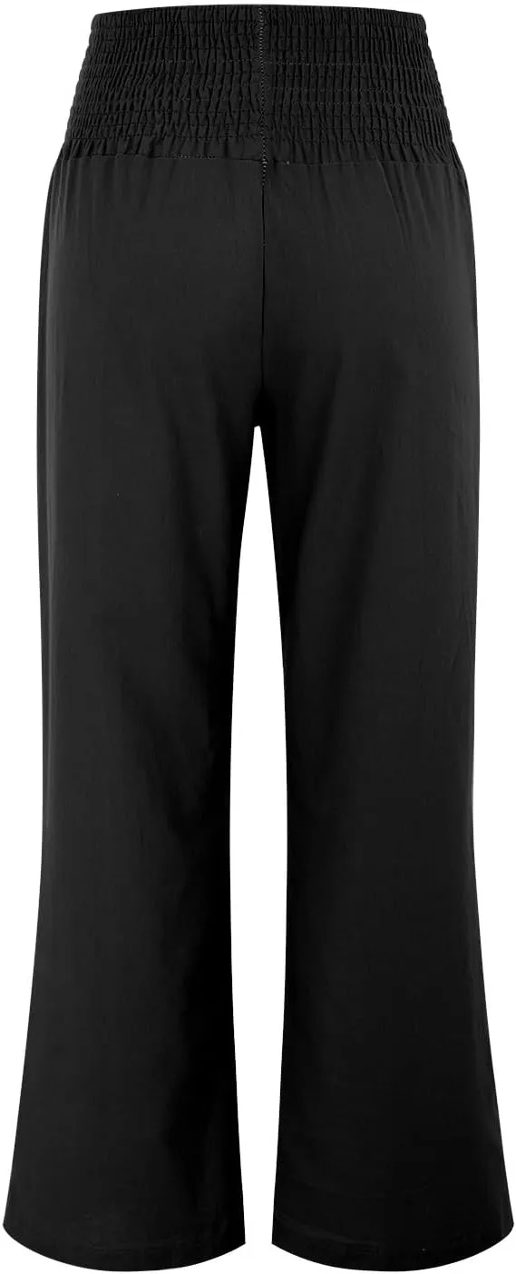 Womens Straight Loose Wide Leg Solid Color Pants, Summer Soft Elastic High Waist Classic Plus Size with Pockets