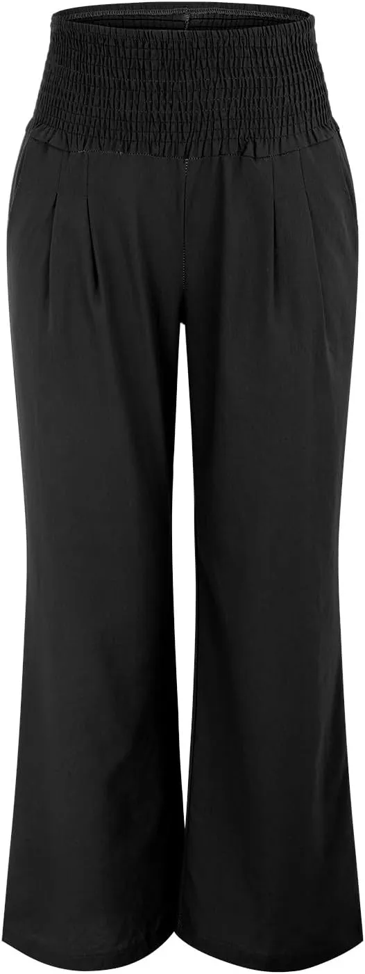 Womens Straight Loose Wide Leg Solid Color Pants, Summer Soft Elastic High Waist Classic Plus Size with Pockets