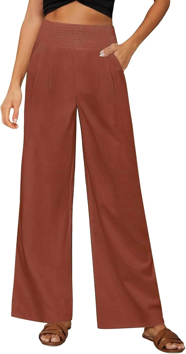 Womens Straight Loose Wide Leg Solid Color Pants, Summer Soft Elastic High Waist Classic Plus Size with Pockets