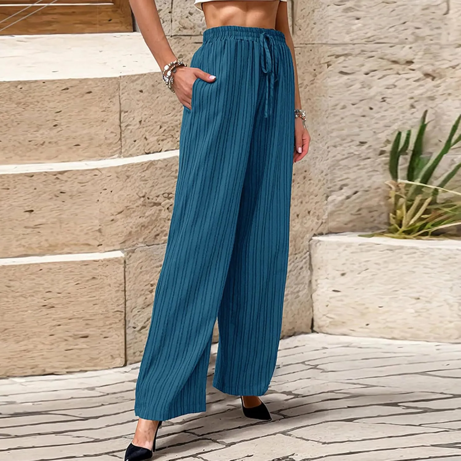 Womens Striped Drawstring Elastic Waist Trousers Casual Soft Wide Leg Pants Loose Straight Leg Pants with Pockets