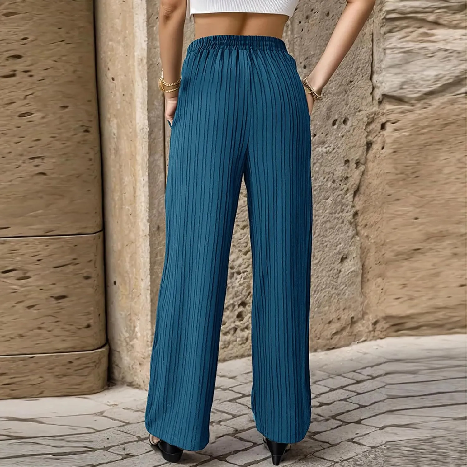 Womens Striped Drawstring Elastic Waist Trousers Casual Soft Wide Leg Pants Loose Straight Leg Pants with Pockets