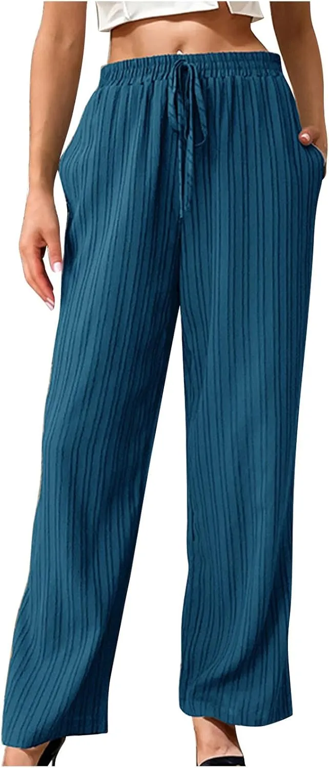 Womens Striped Drawstring Elastic Waist Trousers Casual Soft Wide Leg Pants Loose Straight Leg Pants with Pockets