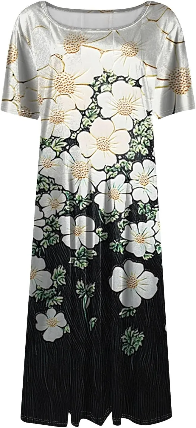 Women's Summer 2025 Midi Dresses Trendy Casual Wrap Floral Printed Crew Neck A Line Dress