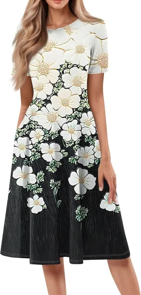 Women's Summer 2025 Midi Dresses Trendy Casual Wrap Floral Printed Crew Neck A Line Dress